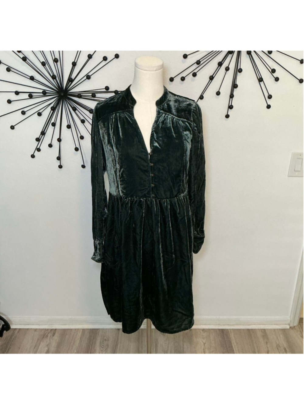 Holding Horses Green Velvet Babydoll Dress XS Cottagecore Boho Mini Dress - Picture 1 of 5